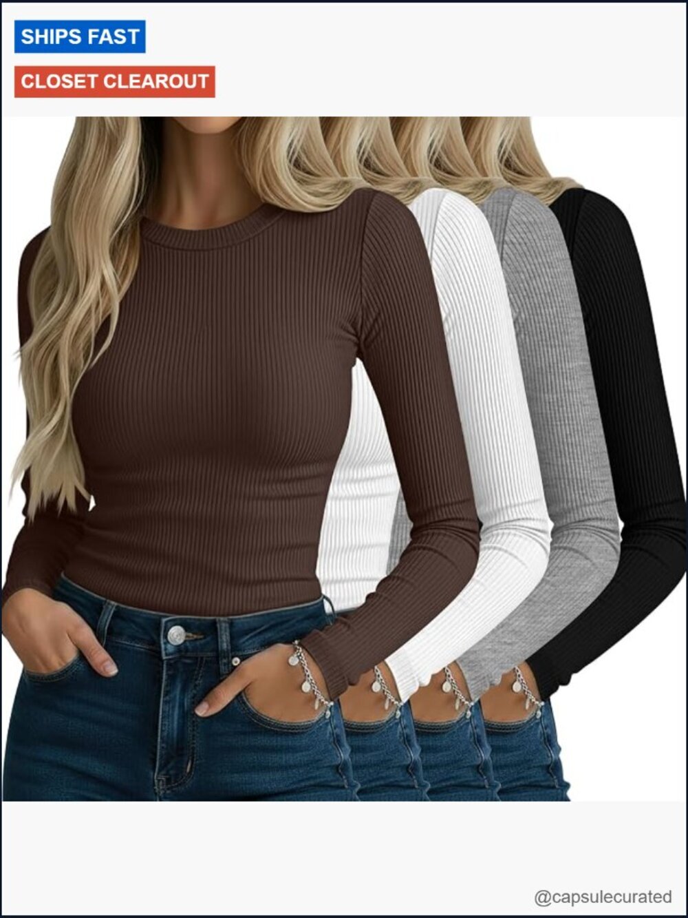4 Pack Ribbed Long Sleeve T-Shirts, Cotton Crew Neck Tees